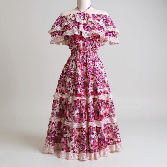 Vintage Floral Halter Maxi Dress Pink White Ruffle Small - Picture 4 of 4